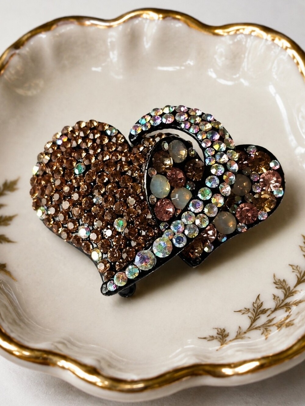 Amber Topaz Crystal Rhinestone Double Heart Pin Brooch Signed WZ W2 Valentine